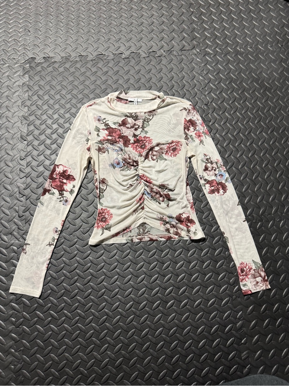 IRIS Floral Mesh Ruched Long Sleeve Top Women’s Medium Cottagecore - Picture 2 of 12